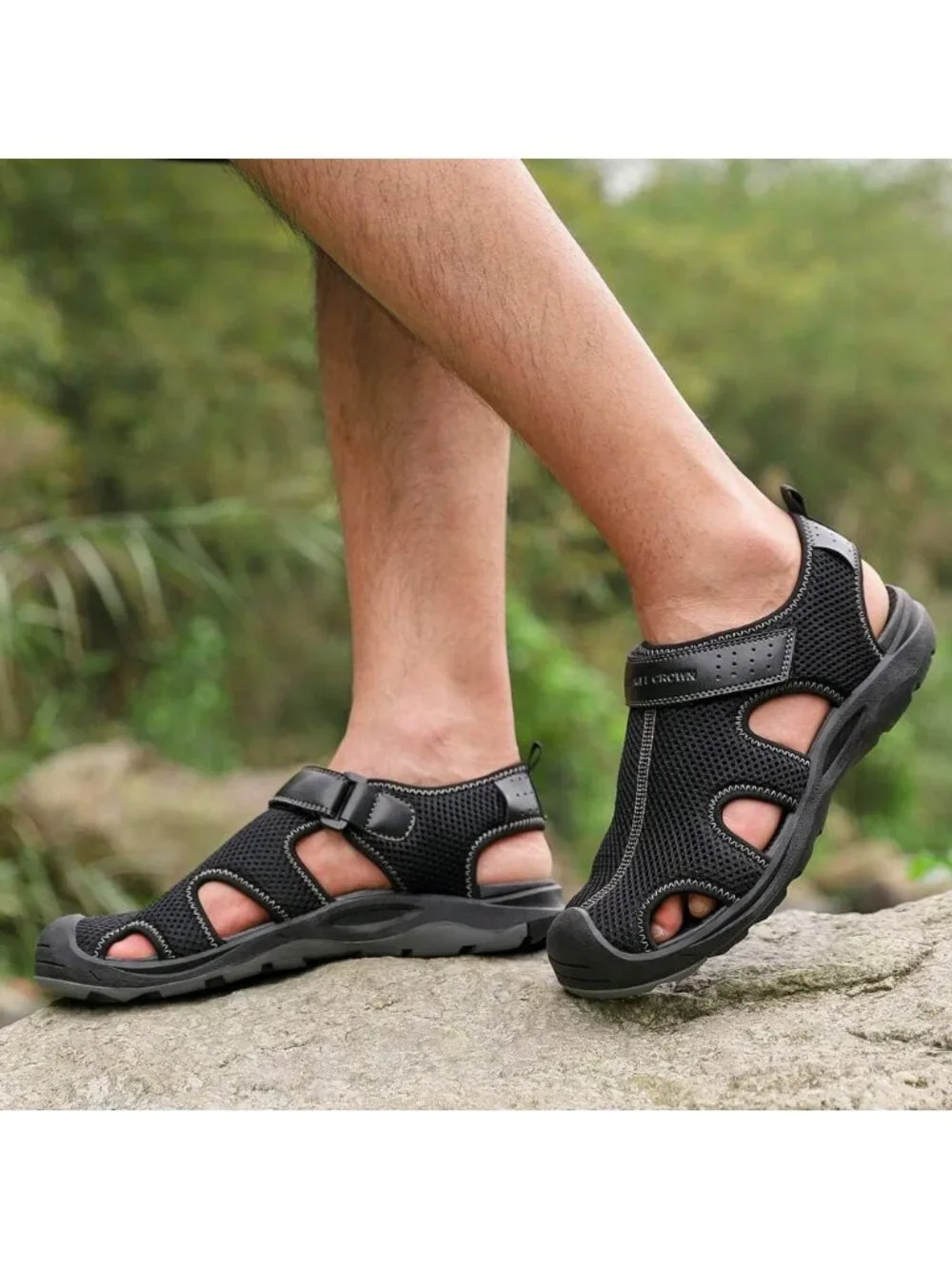 Men's All Black Mesh Hiking Sandals Closed-Toe Beach Sandal for Athletic Outdoor